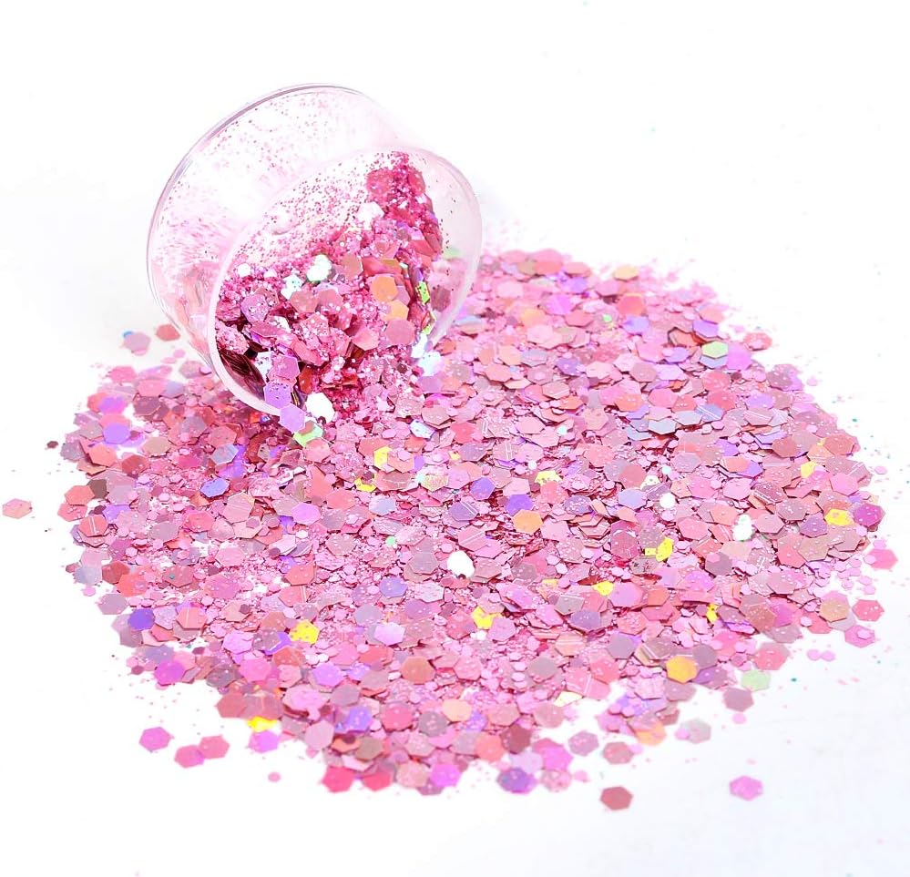 Holographic Chunky Glitter Sequins, 12 Colors Mixed Cosmetic Glitter for Face Body Eye Hair Nail Art Lip Gloss Makeup, Festival Glitter with Different Hexagons Size and Stars (Laser Mix)