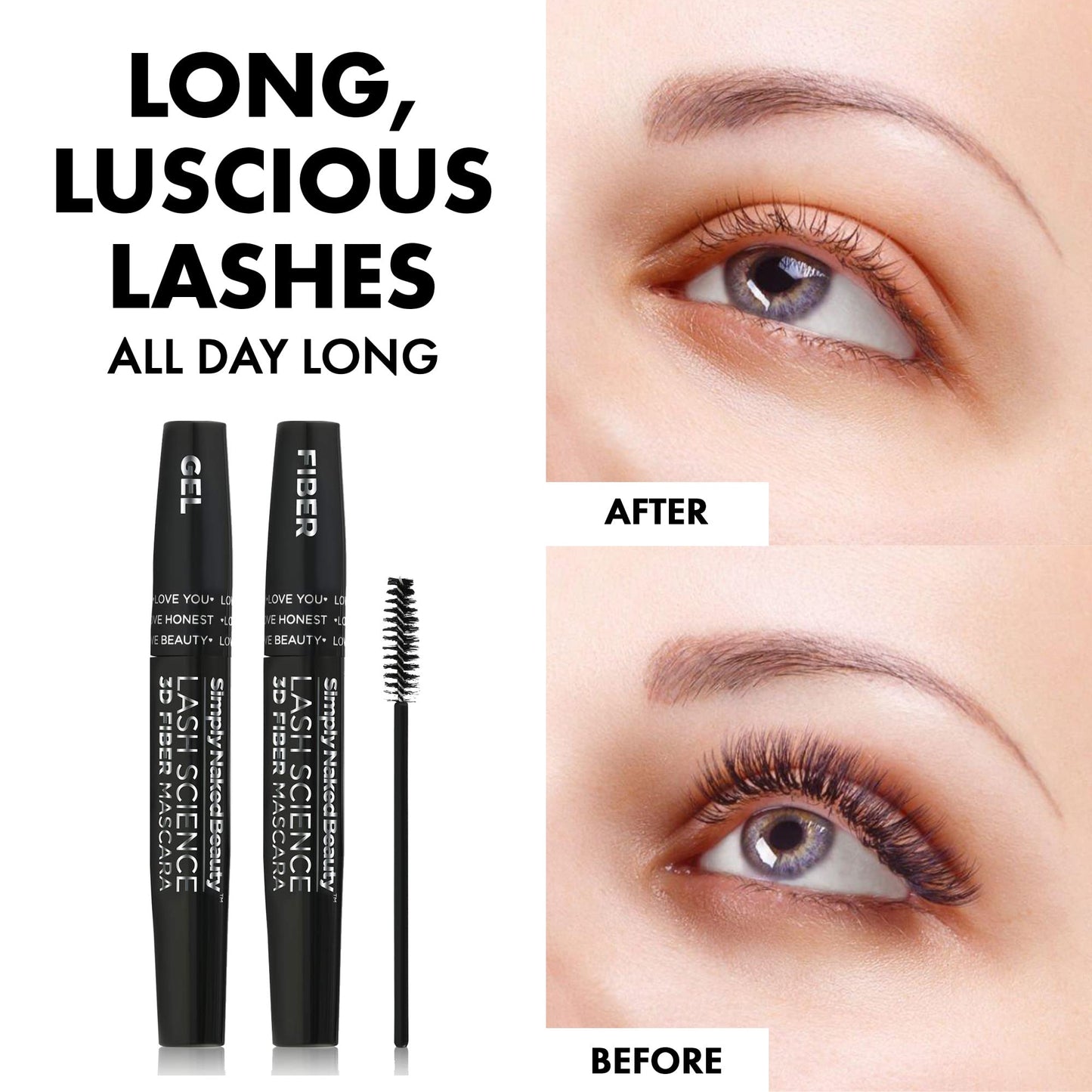3D Fiber Lash Mascara Kit (2 tubes) by Simply Naked Beauty. Waterproof, lengthening voluminous, on lashes all day. Best and highest rated 3D and 4D gel and fiber formula. Non toxic, hypoallergenic, Natural. Black. One Gel Tube and One Fiber Tube included