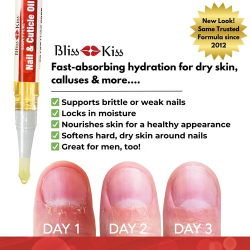 Bliss Kiss Fragrance Free Nail Oil Cuticle Pen with Vitamin E & Jojoba - Nail Strengthener Nail Growth Serum for Brittle Peeling Breaking Thin Nails