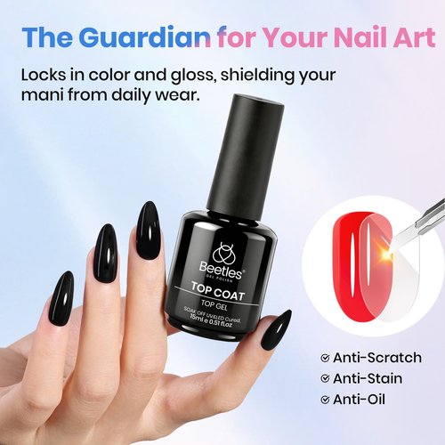 Beetles 2 Pcs 15ml No Wipe Gel Top Coat and Base Coat Set - Shine Finish and Long Lasting Soak Off LED Nail Lamp Gel Base Top Coat Finish Nail Art Design Stay Lock Shine Duo Manicure Gifts for Women