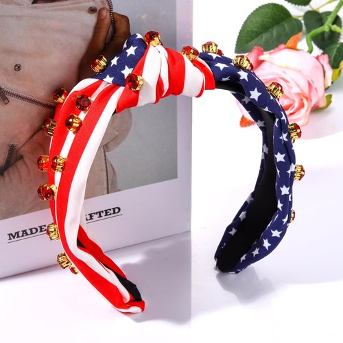 4th of July Headband American Flag Crystal Star Knottted Headband for Women Fourth of July Patriotic Headband Headpiece Red White and Blue Stripe Top Knot Wide Hairband Party Favor Gift (red white