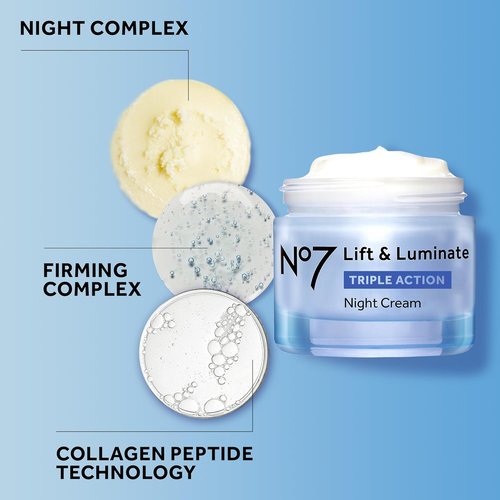 No7 Lift & Luminate Night Cream - Anti-Wrinkle Collagen Peptide Moisturizer with Hyaluronic Acid & Hibiscus - 1.7 Fl Oz for Radiant Skin