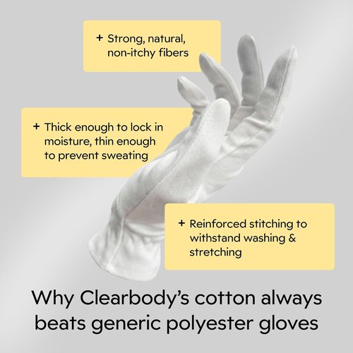 Clearbody Organics 100% Organic Cotton Gloves - Moisturizing Overnight for Dry Hands | Eczema Relief (5 Pairs, Size L)
