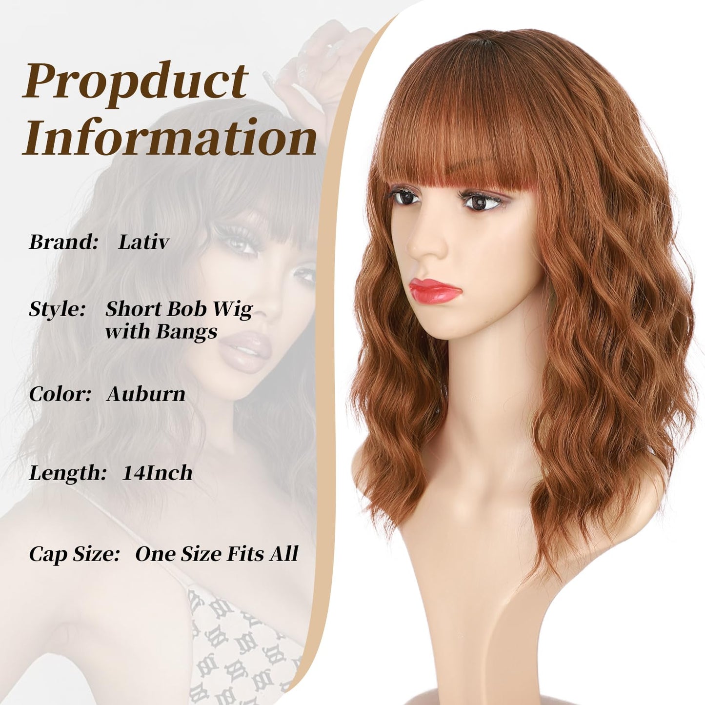 Lativ Auburn Wig with Bangs Short Bob Wigs for Women Shoulder Length Ginger Wavy Curly Wigs Synthetic Fiber Wigs 14 Inches for Daily Party Use