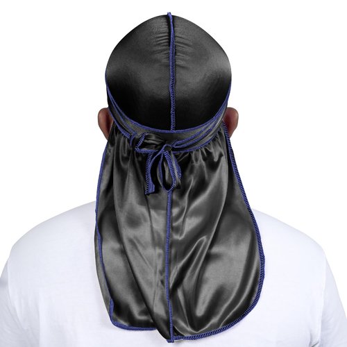 ForceWave Silky Durag for Men Wave Cap Satin Dorag for Men Women 360 Wave (Black with Blue Seam)