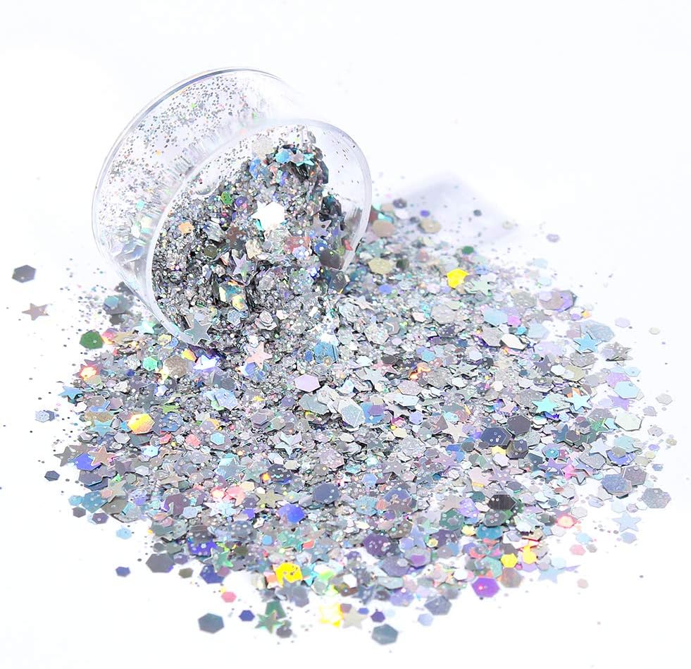 Holographic Chunky Glitter Sequins, 12 Colors Mixed Cosmetic Glitter for Face Body Eye Hair Nail Art Lip Gloss Makeup, Festival Glitter with Different Hexagons Size and Stars (Laser Mix)