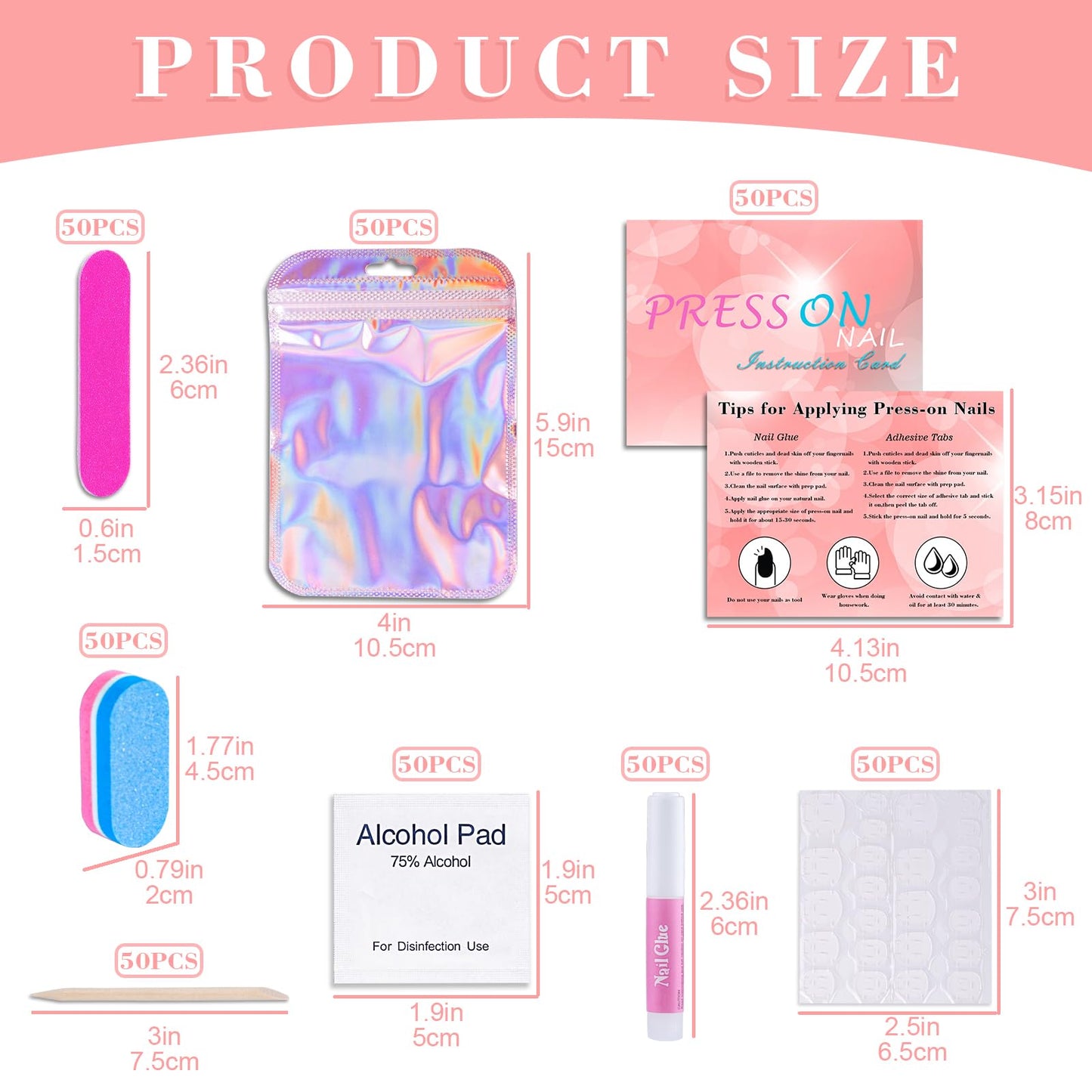 50 Set Disposable Nail Supplies Kits,Professional Manicure Press On Nail Tool Kit With Nail File ,Nail Buffer,Adhesive Tabs,Nail Glue,Sticks, Prep Pads,Bags,Cards for Nail Business(Mixed Color)