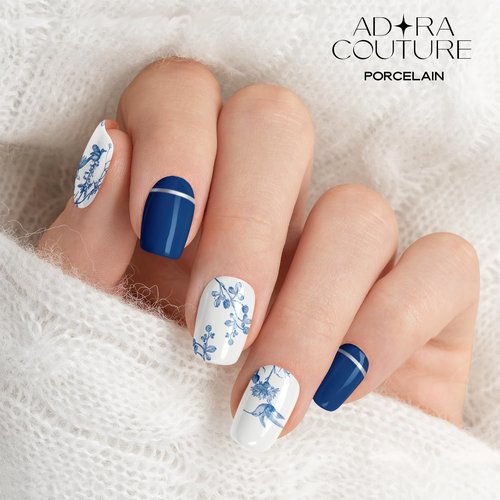 Adora Couture Semi Cured Gel Nail Strips with 30 Pieces, Salon Quality Nail Wraps for Women, Classic Blue Porcelain with White Glaze UV Gel Nail Stickers, UV Light Required, Porcelain