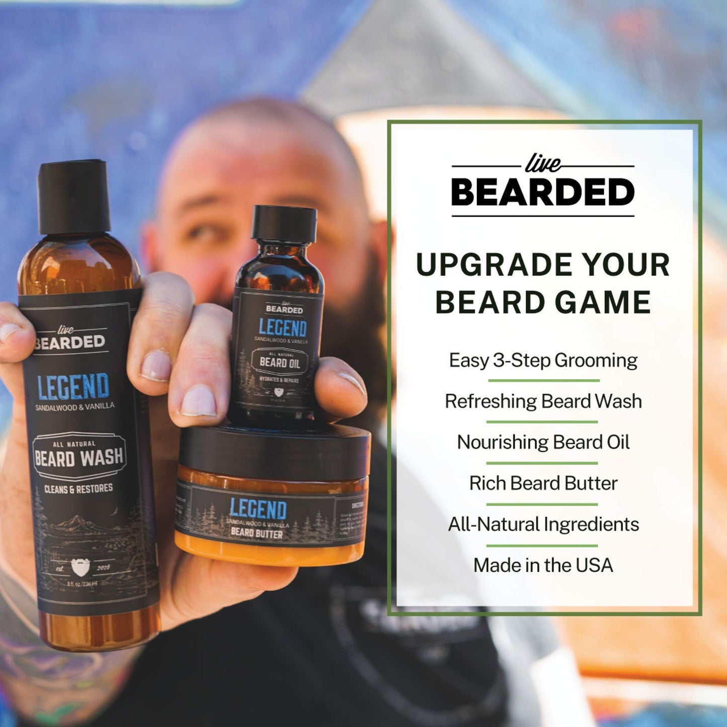 Live Bearded: 3-Step Beard Grooming Kit - Legend - Beard Wash, Beard Oil and Beard Butter - All-Natural Ingredients with Shea Butter, Jojoba Oil and More - Beard Growth Support - Made in the USA