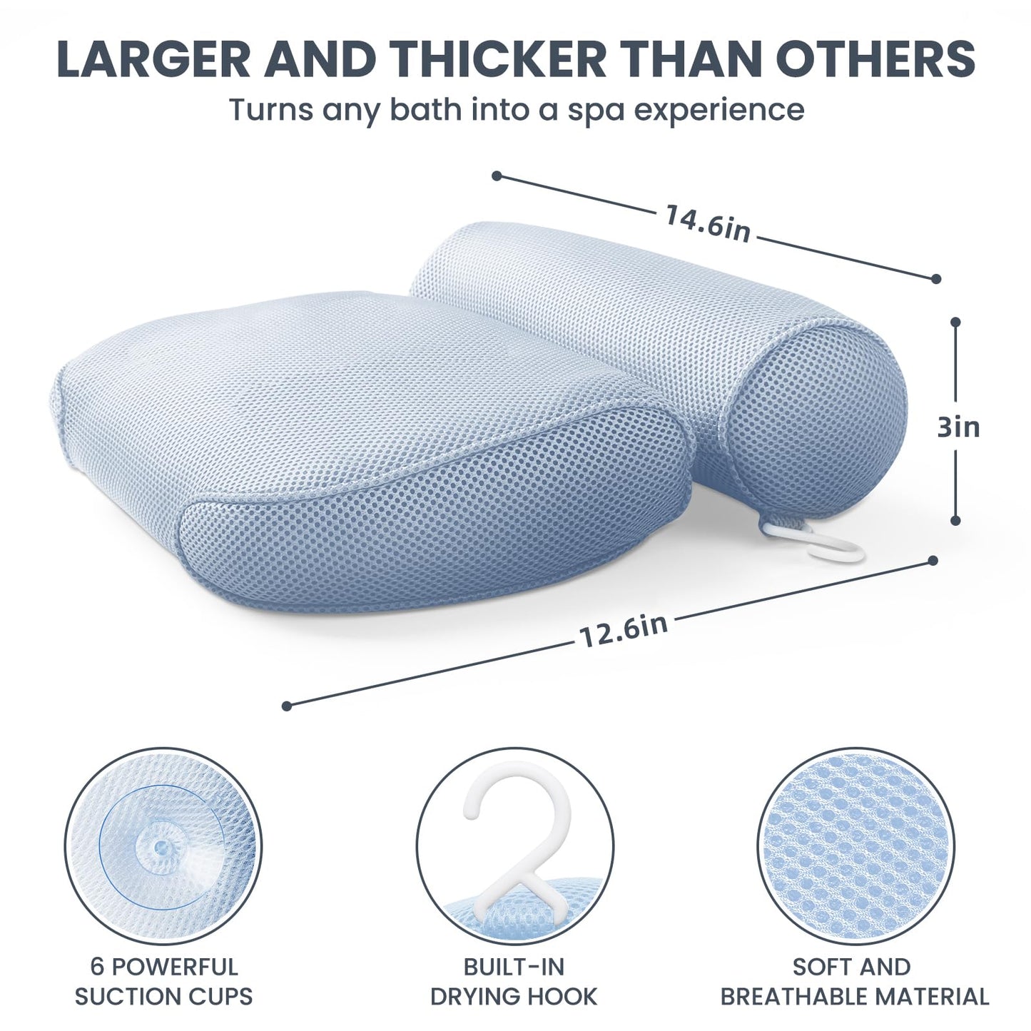 LuxStep Bath Pillow Bathtub Pillow with 6 Non-Slip Suction Cups,14.6x12.6 Inch, Extra Thick and Soft Air Mesh Pillow for Bath - Fits All Bathtub, Blue