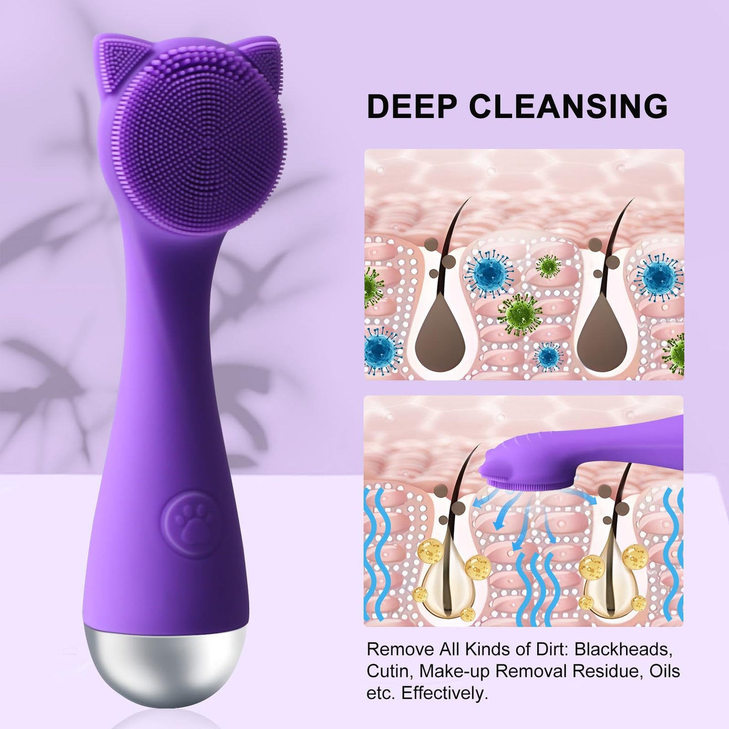Facial Cleansing Brush, Silicone Face Scrubber Exfoliator for Men & Women, Electric Facial Brush Waterproof, with 3 Speeds Adjustable for Deep Cleaning, Removing Blackhead, Face Massaging (Purple)