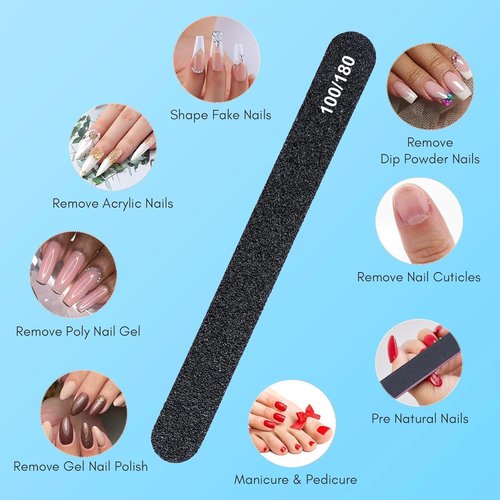 Makartt Nail File Set - 20 Pcs Professional 100/180 Grit Emery Boards | Black Washable Manicure Tools