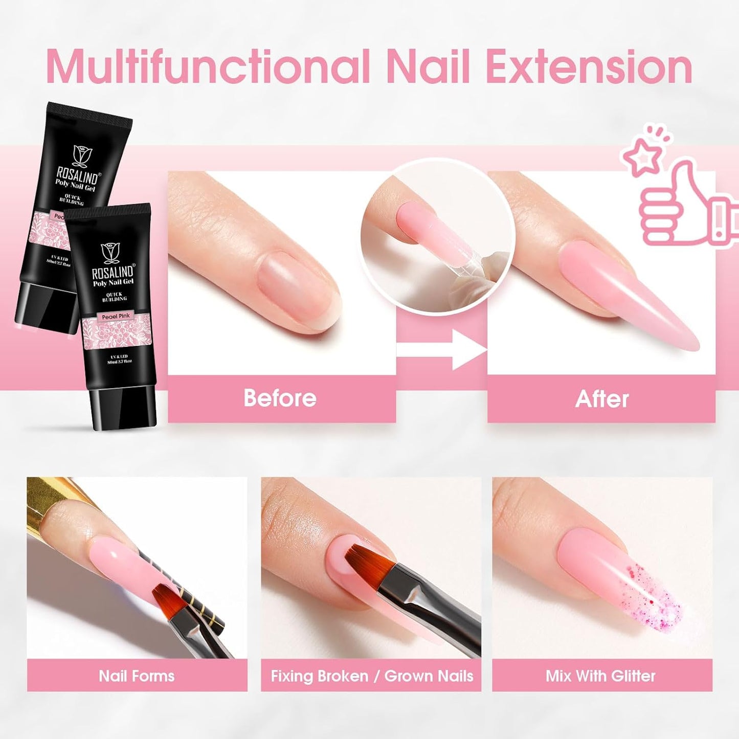 Nude Poly Extension Gel, ROSALIND 2.7 oz Light Nude Poly Nail Gel Builder for Nail Art Decoration, Thickening Extension Easy to DIY Use at Home Need UV Lamp