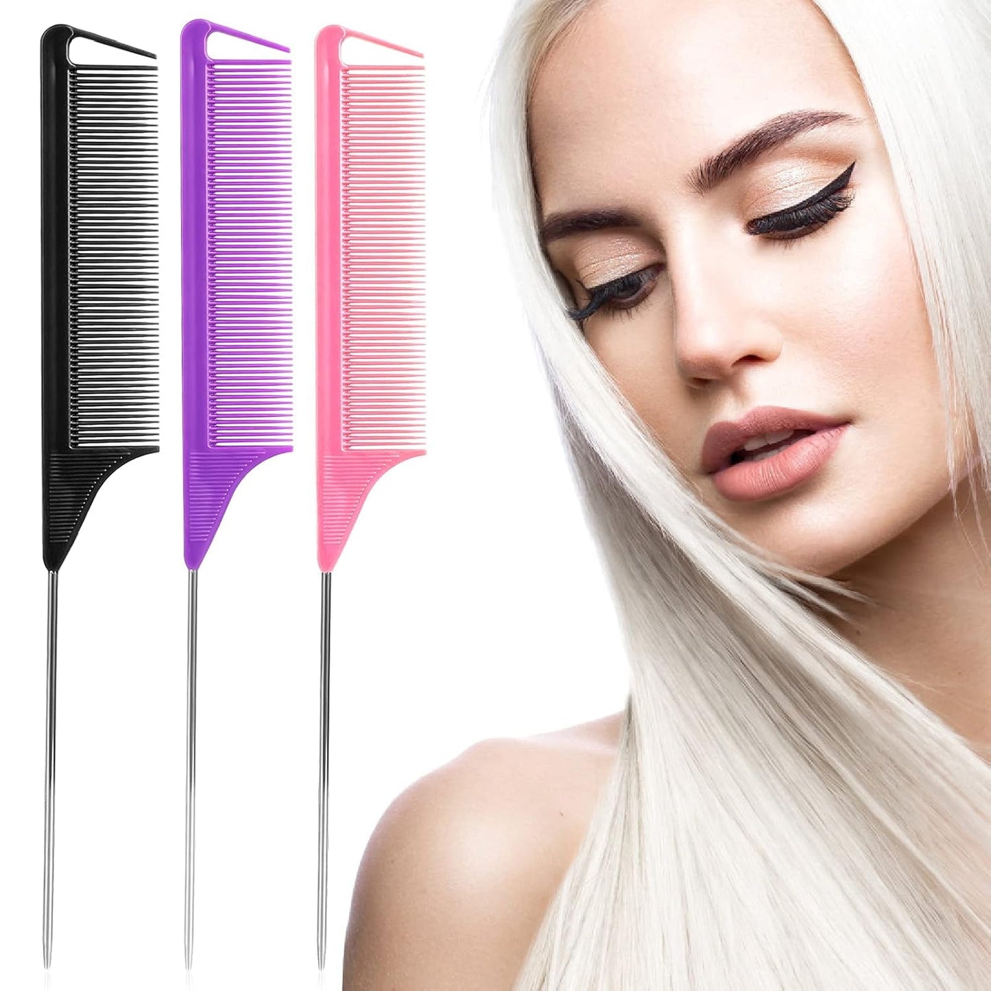Rat Tail Combs Set: 3-Pack Teasing Styling Combs with Long Steel Pins for Women, Parting Combs for All Hair Types (Black)