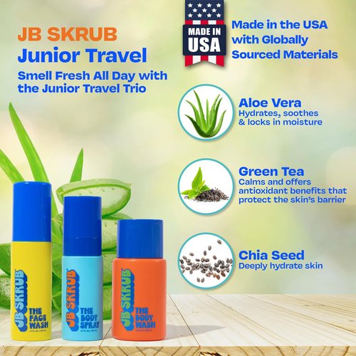 JB SKRUB Junior Travel Trio | Complete Skin Care Set for Kids & Teens - Hydrating Body Wash, Refreshing Spray & Gentle Face Wash