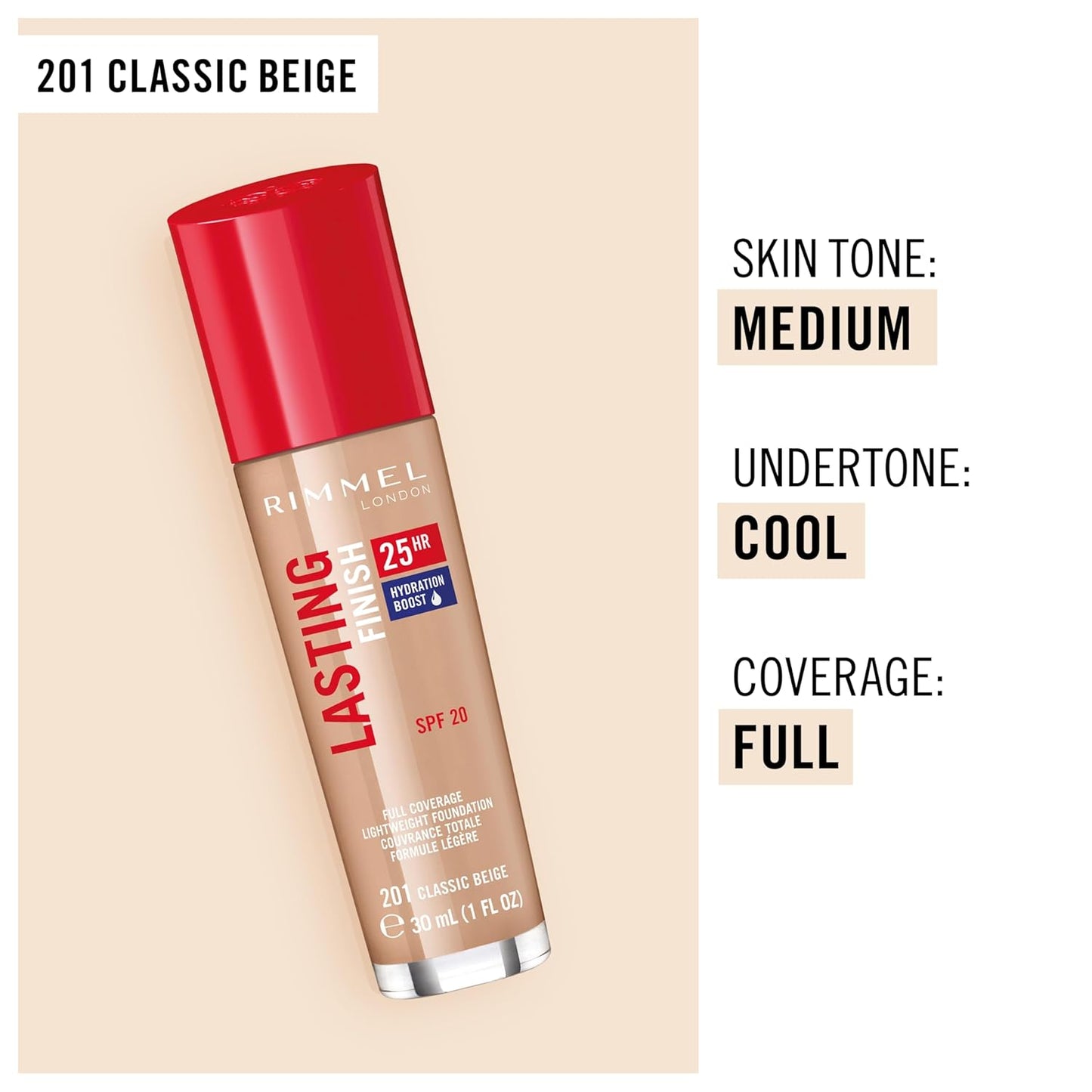 Rimmel London Lasting Finish 25HR - 200 Soft Beige - Foundation, 25-Hour Wear, Full Coverage, Waterproof, 1oz