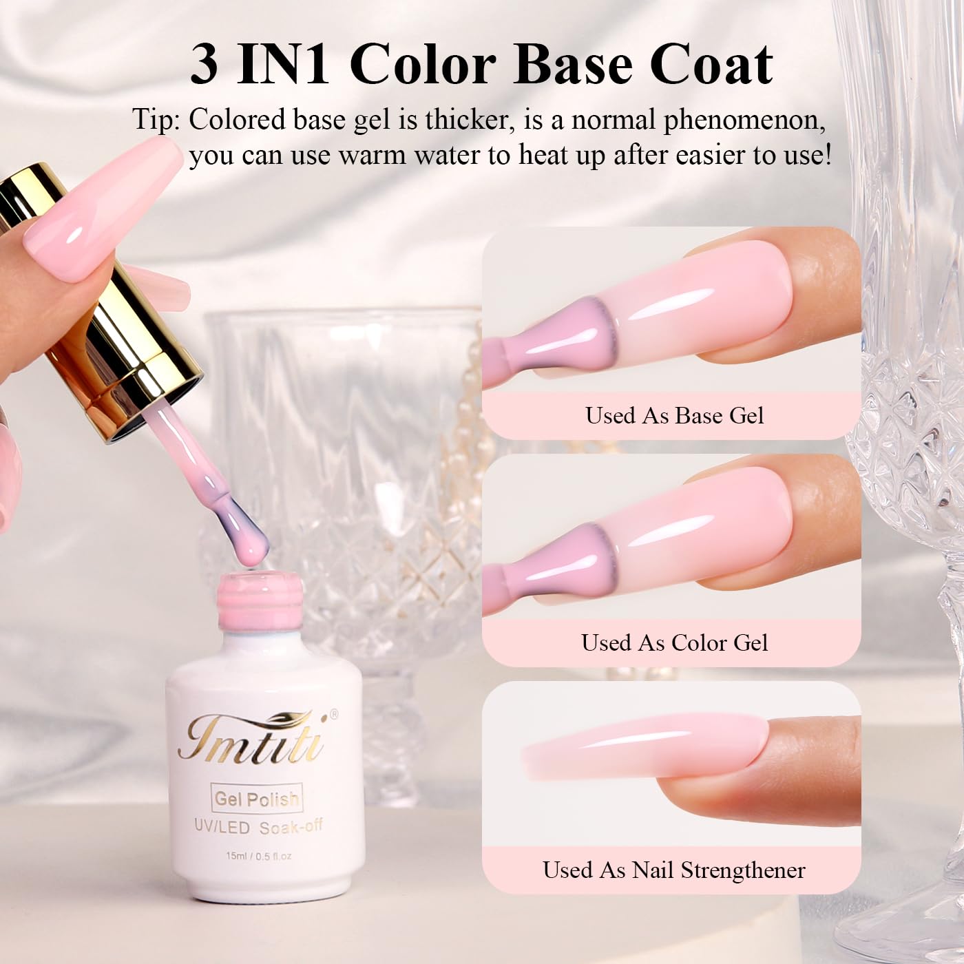 Imtiti Rubber Base Gel Polish, 15ML Nude Pink Color Base Gel For Nails Builder Gel Sheer Jelly Gel Nail Polish Strengthener Gel Nail For Starters DIY Nail Art Soak Off UV LED