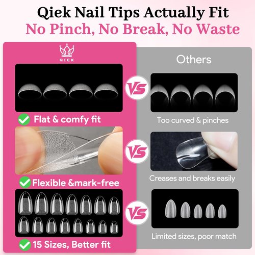 Qiek Short Almond Nail Tips - 15 Sizes 240 PCS Half Matte Full Cover Clear Fake Nails Pre-shaped Press On False Nail Tips Acrylic Soft Nail Gel Tips No C Curve Extension Manicure Home DIY Gelly Tips
