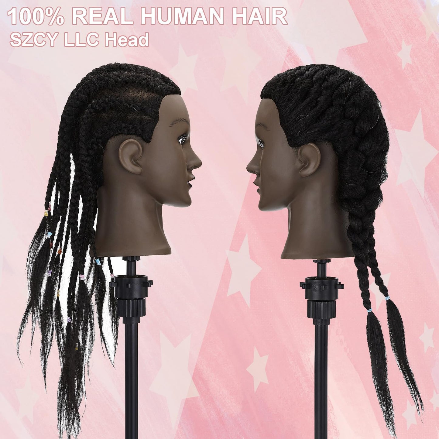 18'' Mannequin Head with Human Hair Cosmetology Manikin Doll Head with 100% Real Human Hair for Braiding Hairdresser Practice Styling with Free Table Clamp Stand