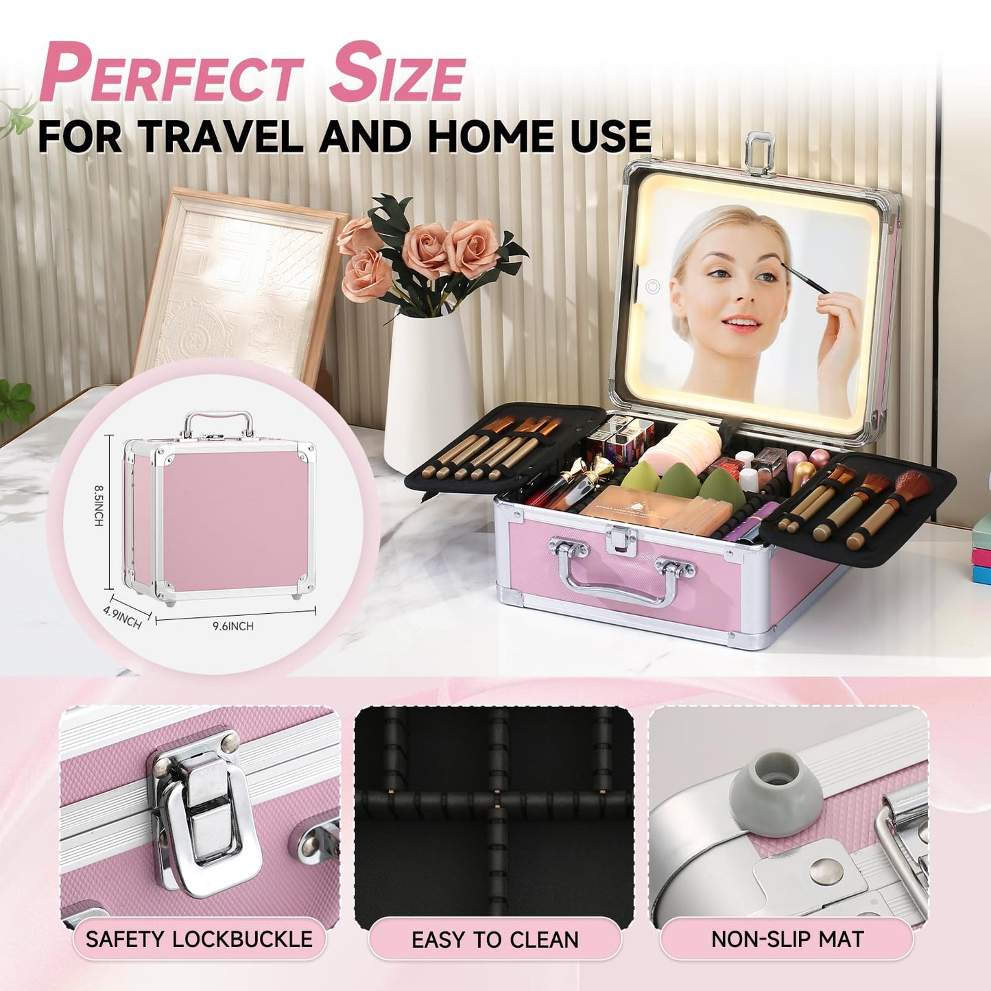 Leeora&Leekoo Makeup Box with LED Mirror & Aluminum Frame, Compact Multi-Layer Cosmetic Organizer - Portable ABS Travel Train Case for Makeup Storage(Gift for Girlfriend/Daughter) (Pink1)