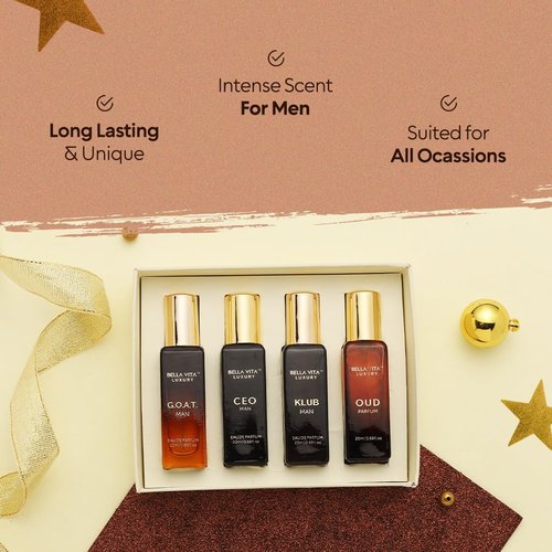 Bellavita Luxury Men's Perfume Gift Set with CEO Man, G.O.A.T., Klub, and Oud | 80ml | Perfume for Men | Lavender, Patchouli, Lemon, and Caramel Notes | Long Lasting Men's Fragrance