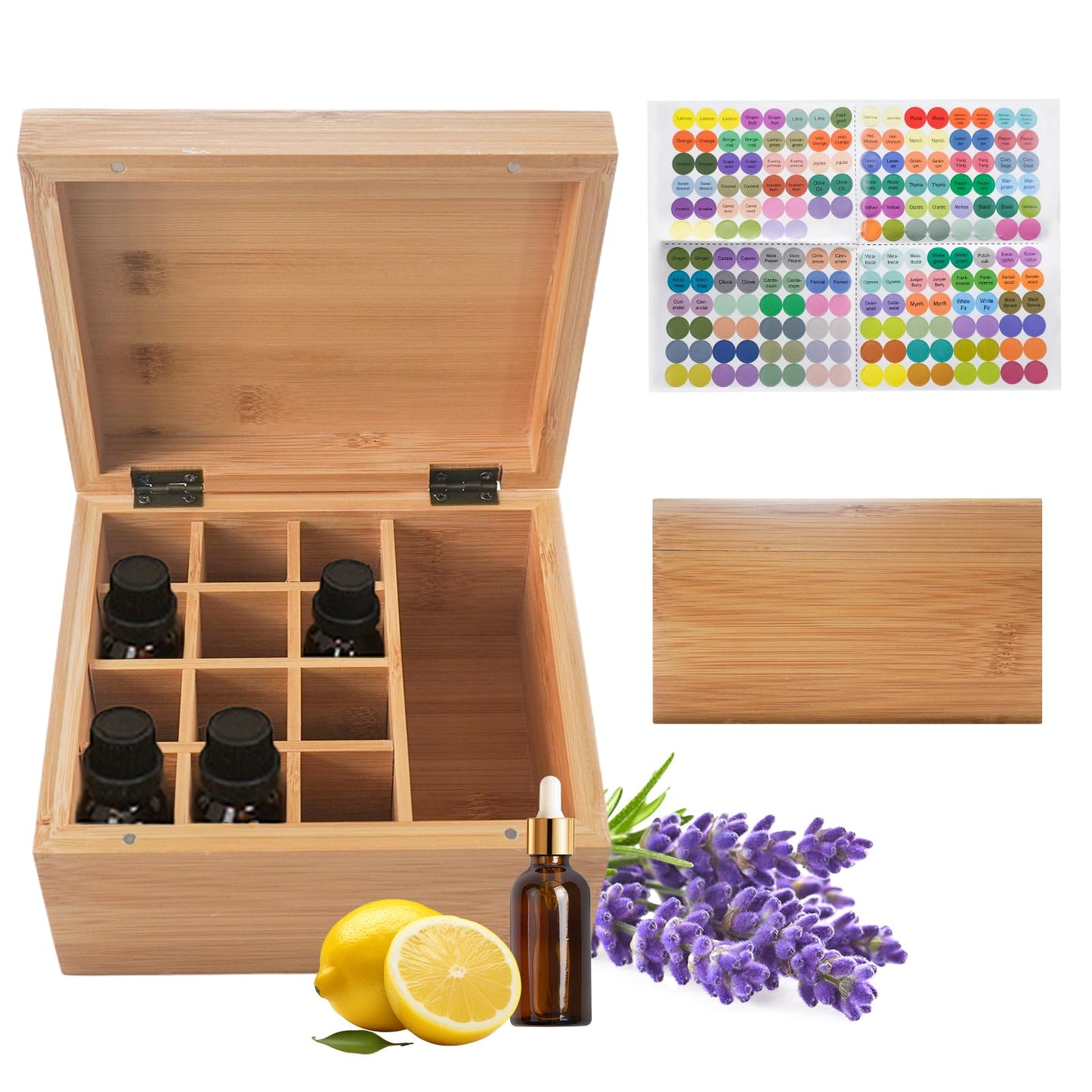 Pure Vie Wooden Essential Oil Storage Box Travel Organizer Case with Bottle Cap Label - Aromatherapy Nail Polish Fragrance Container, Holds 13 Bottle for 5-30ml - Keep Scented Oil Safe & Space Saver