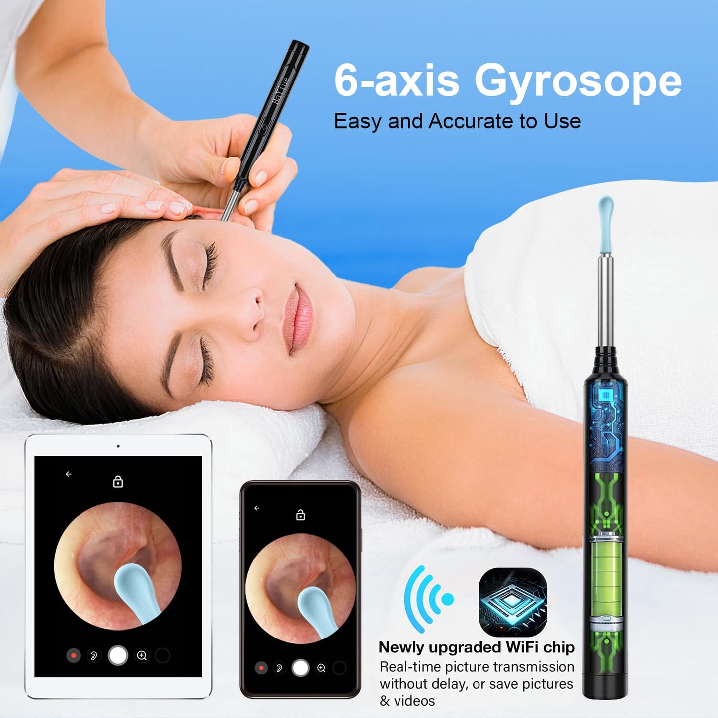Ear Wax Removal with Camera, Earwax Remover Tool, 1296P FHD Wireless Ear Otoscope with 6 LED Lights, 6 Ear Spoon & 6 Traditional Tools Ear Wax Removal Kit for iPhone, iPad & Android Smart Phone
