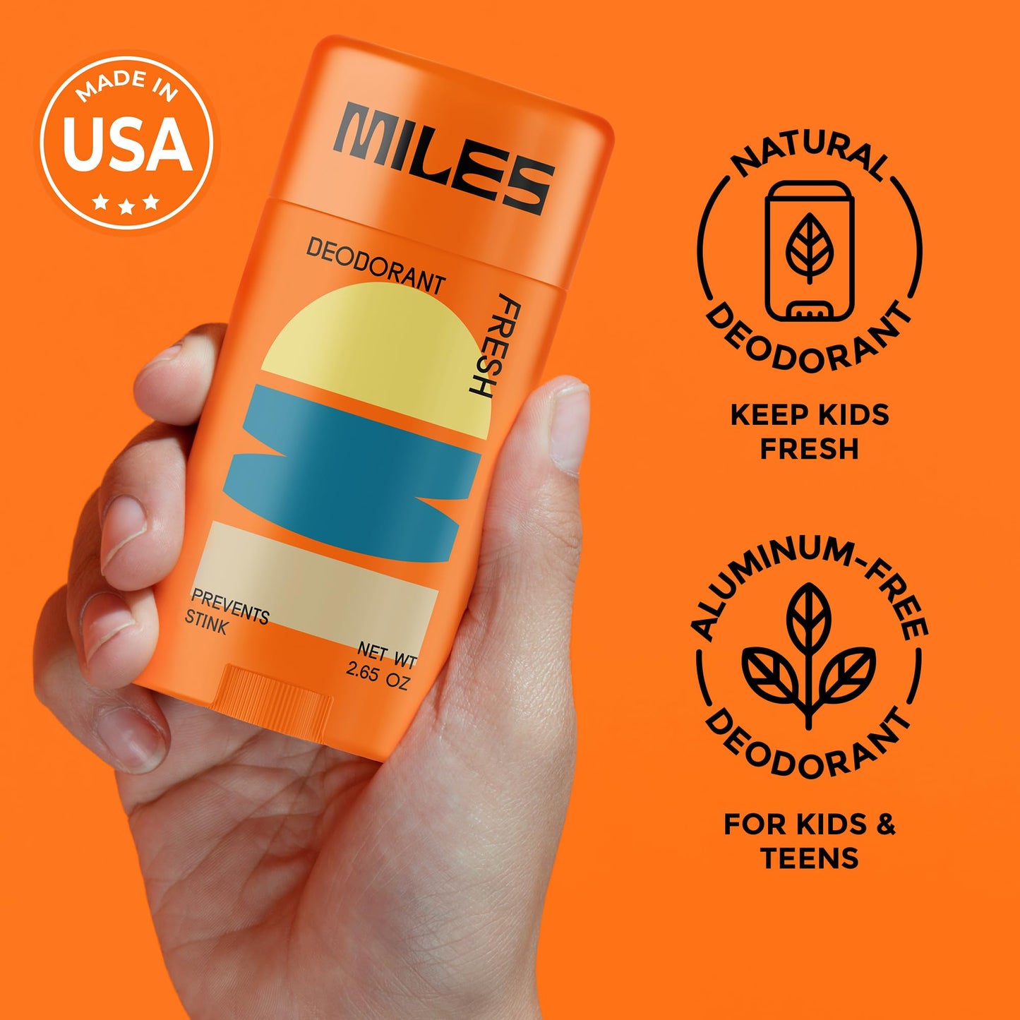 Miles Kids Deodorant for Boys and Girls - Aluminum Free Deodorant for Kids and Teens, Natural, Hypoallergenic, Made in USA - Fresh Scent - 2-Pack