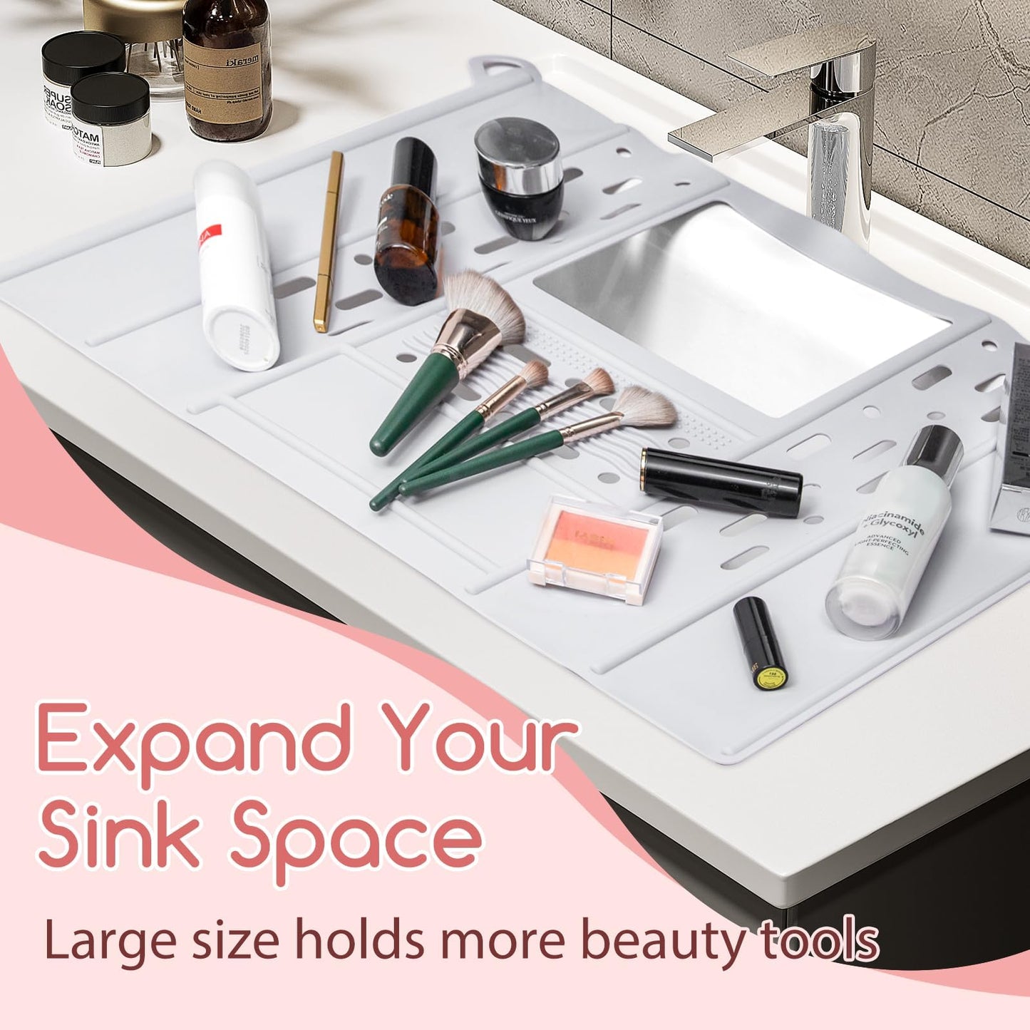 iArtker Bathroom Sink Cover, Silicone Beauty Makeup Brush Cleaning Mat, Foldable Space Saver Mat for Countertop, Heat-Resistant Sink Cover for Counter Space