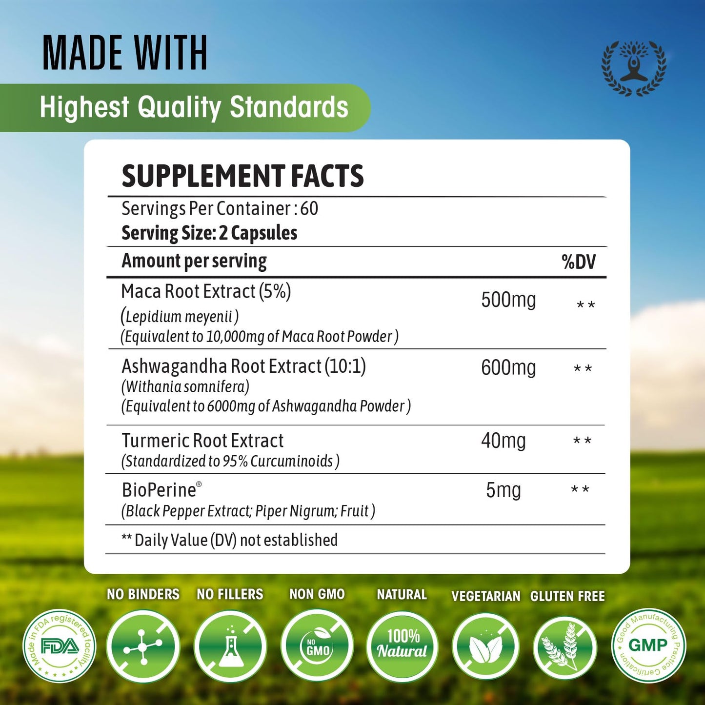 Maca Root 10,000 mg, Ashwagandha 6000mg Extract, Capsules for Men & Women with Turmeric Curcumin and Bioperine 120 Capsules Made in USA