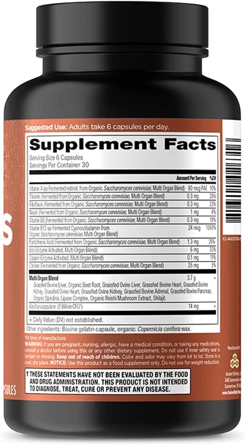 Ancient Nutrition Organ Supplements - Grass-Fed Organ Complex Capsules for Liver, Heart & Kidney Support | 180 Ct