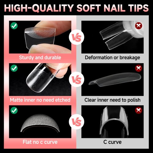 UNA GELLA 600Pcs Short Square Gel Nail Tips, Square Press on Nails Pre Etched Full Cover Soft Gel Nail Tips No C Curve For Women Girl DIY French & Chrome Style Salon At Home 12 Sizes