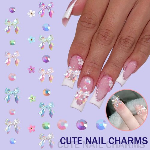 3200Pcs Nail Bow Charms Resin Jelly Rhinestones for Crafting, Multicolor Flatback Rainbow Gems, Bedazzling Crystal 3D Flowers with 3Pcs 10ml B7000 for DIY Crafts Clothing Shoes Nail Art