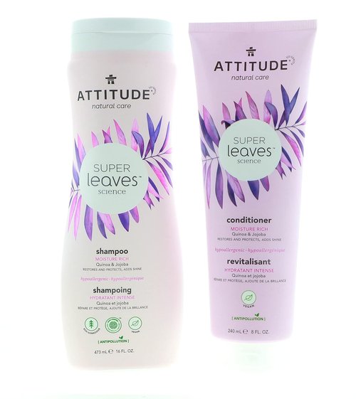 ATTITUDE Super Leaves Moisture Rich Shampoo & Conditioner Bundle - Quinoa, Vitamin B5, Jojoba | 16 + 8 Fl Oz