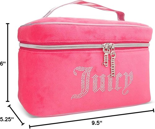 Juicy Couture Makeup Bag - Pink Velour Organizer with Rhinestones | Travel Essentials Train Case