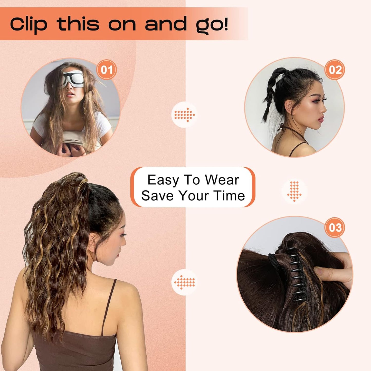 SEIKEA 14" Ponytail Extension Claw, PT002 Tia Long Multi Layered Fluffy Thick Wavy Curly Clip in Hair Extensions Ponytail Natural Soft Synthetic Hairpiece Dark Chestnut Brown with Golden Highlights