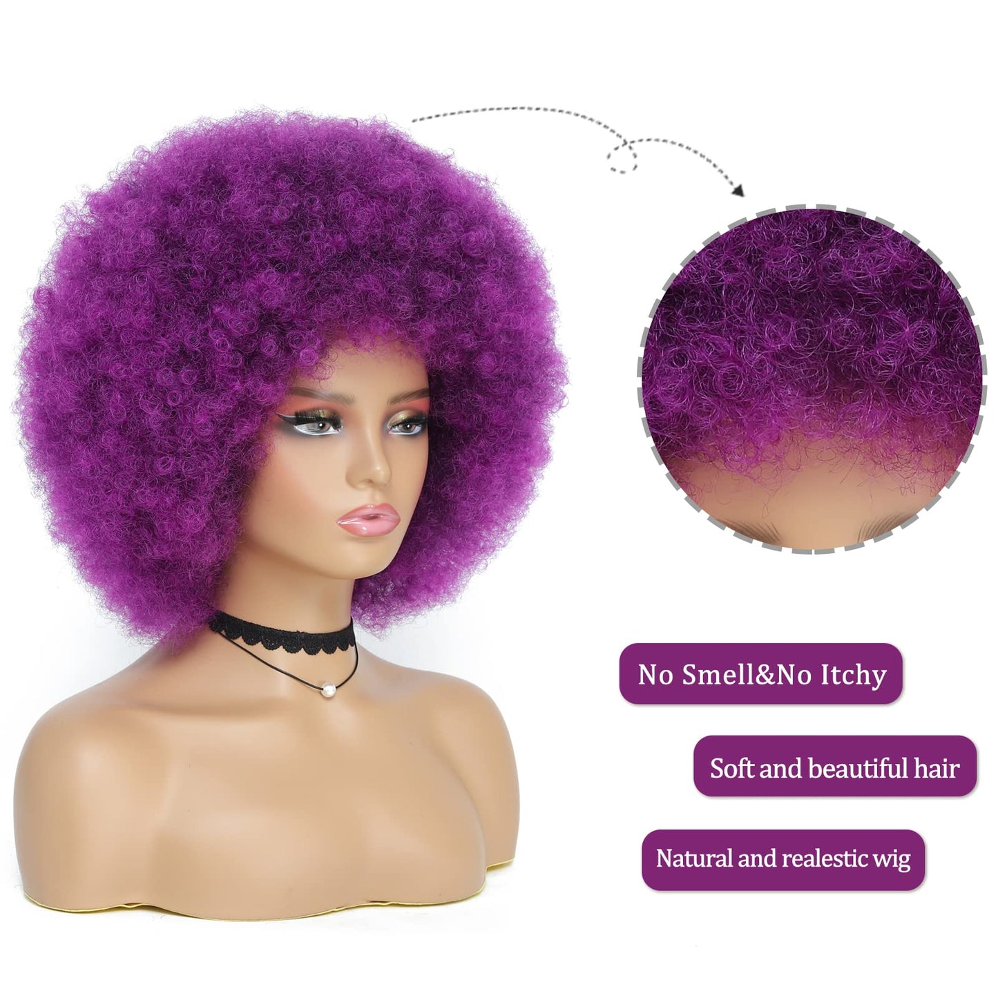 JSDshine 70s Afro Kinky Curly Wig For Women, Purple, Synthetic Fibers, Soft, Bouncy, Natural Looking, With Bangs