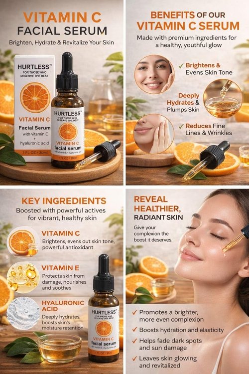 HURTLESS Vitamin C Face Serum - Brightening & Hydrating Formula with Hyaluronic Acid | 30 ml / 1.01 fl oz