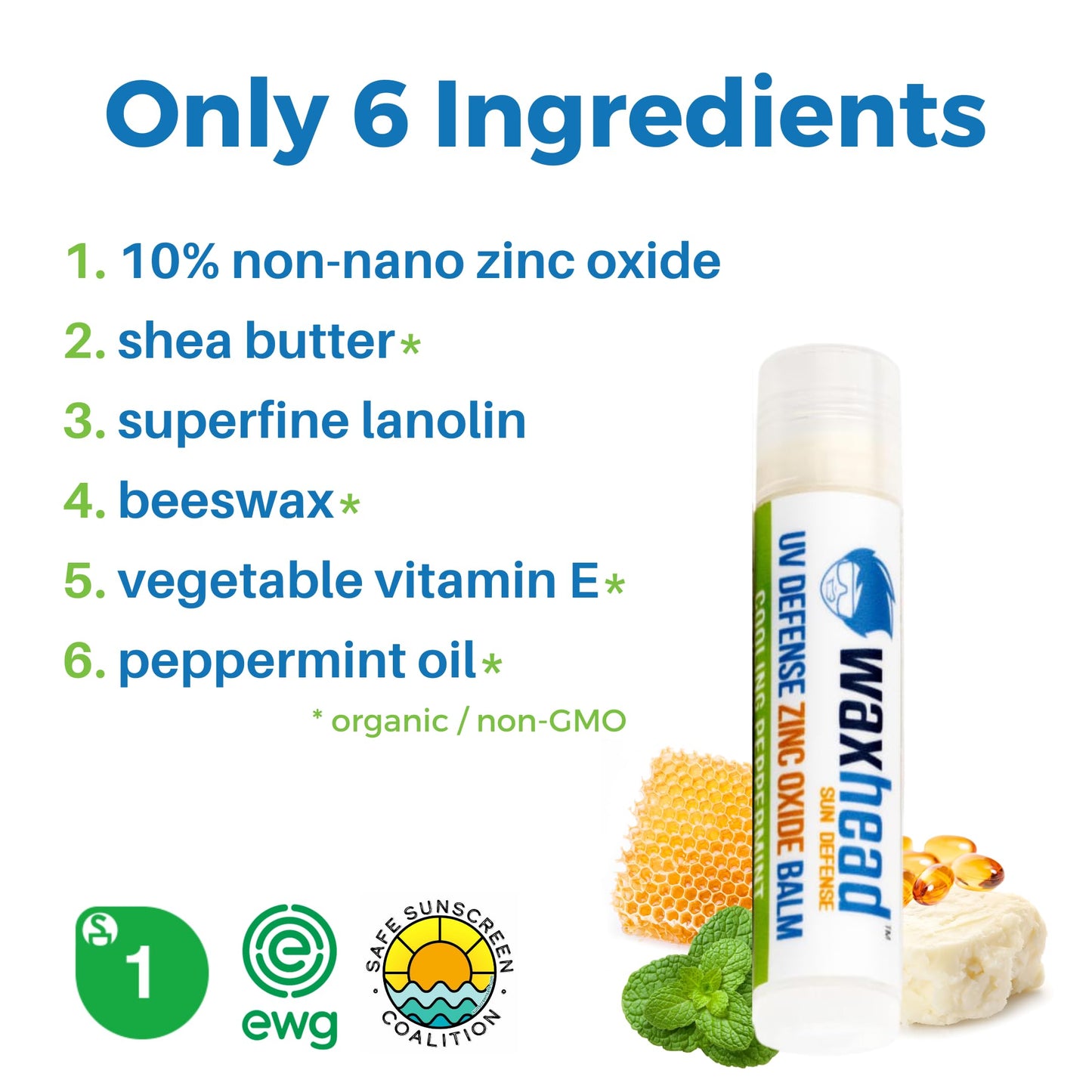 Waxhead Lip Sunscreen with Zinc Oxide Lip Balm SPF 20 Zinc Oxide Sunscreen Chapstick Sunblock for Lips, Reef Safe Waterproof Non-Nano Biodegradable Protection with Lanolin, Shea Butter (Mint 4 Pack)