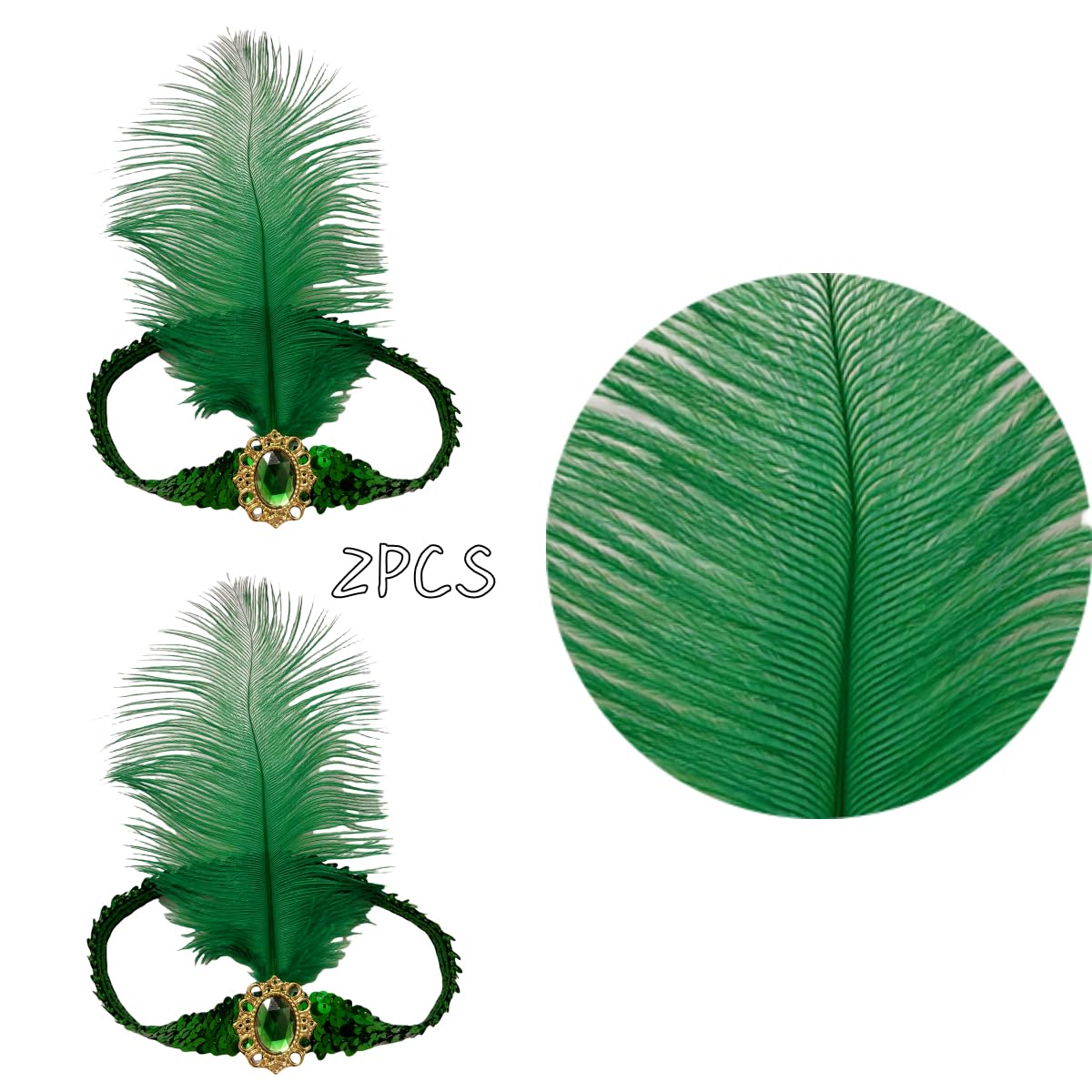 XKTEI 2 Pieces Feather Headpiece,Sequins 1920s Flapper Headband,Mardi Gras Carnival Party Headwear Costume Accessory,Girls Women (Green, Free Size)