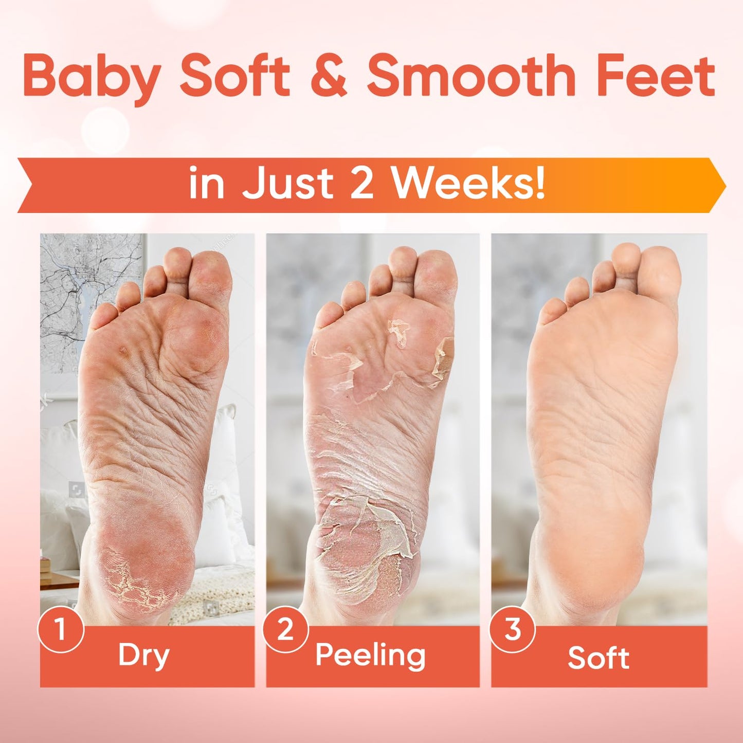 Foot Peel Mask - Foot Mask for Baby Soft Skin - Remove Dead Skin, Dry, Cracked Feet & Callus, Foot Spa, Made with Aloe Vera Extract for Women and Men (2 Pair (Pack of 1), Peach)