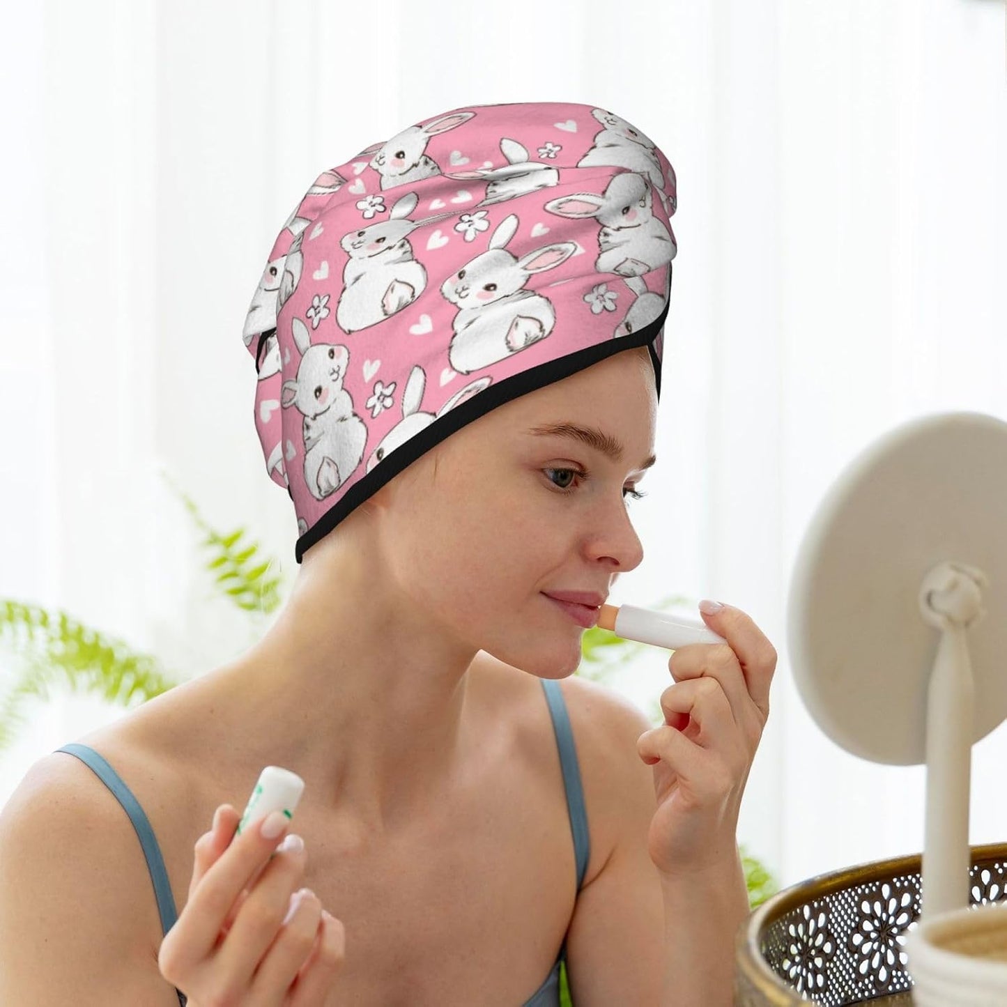 Skiennix Bunny Hair Towel Wrap - Fast Drying Microfiber Turban with Buttons for Curly & Thick Hair