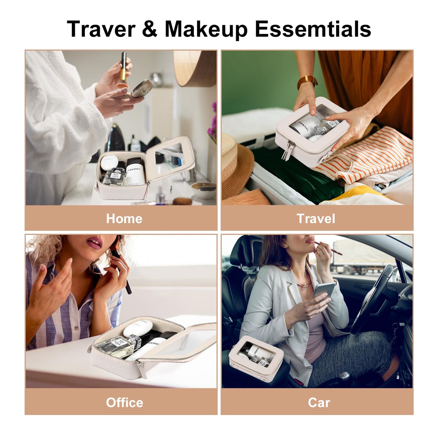 EcoVision Clear Makeup Bag, Travel Cosmetic Accessory Bag, Toiletry Organizer Bags for Women, Portable Waterproof Zipper Cosmetic Bag with Transparent Window, Beige