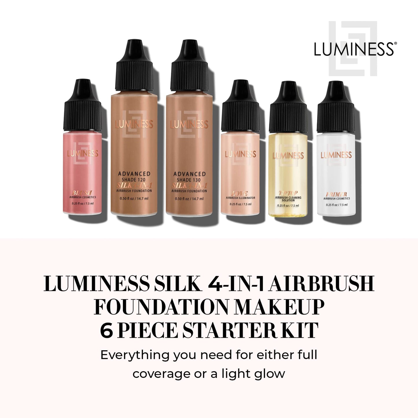 Luminess Silk 4-in-1 Airbrush Foundation Makeup Starter Kit - Deep Coverage, 6-piece - Includes 2x Silk Airbrush Foundation, Blush, Glow Highlighter, Moisturizer Primer & Airbrush Cleaning Solution