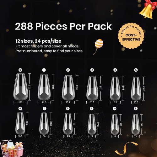 Beetles Gel Nail Tips Medium Coffin Etch X, 12 Sizes 288Pcs Pre Shaped Half Matte Full Cover Press On False Nails Tips Acrylic Fake Nail Extensions Kit Easy DIY Salon Manicure Gift for Women