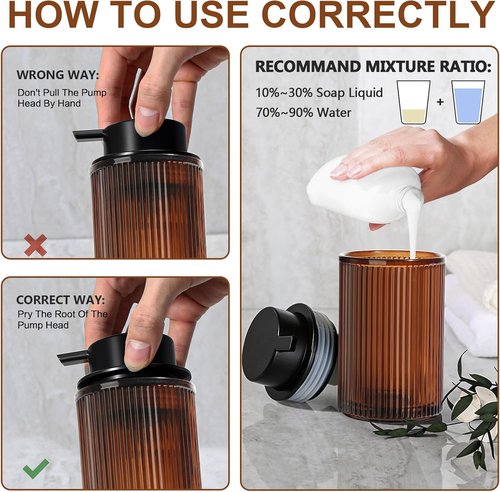 KASUNTING Foaming Soap Dispenser - Amber Glass Ribbed Pump Bottle | 11 Fl Oz Modern Bathroom Accessory