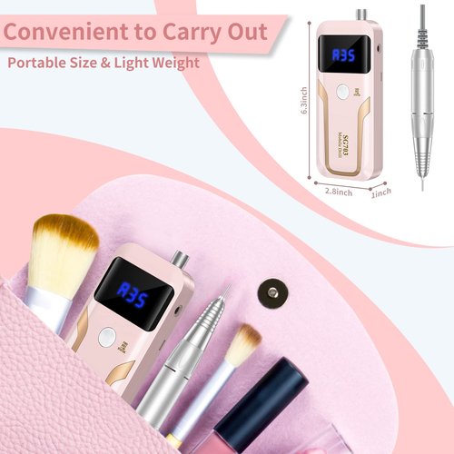 MOCOWIND Portable Nail Drill Professional 35000 RPM, Rechargeable Electric Nail File Machine Cordless E-File for Acrylic Gel Polishing Removing with Bits Kit for Manicure Salon Home, Pink