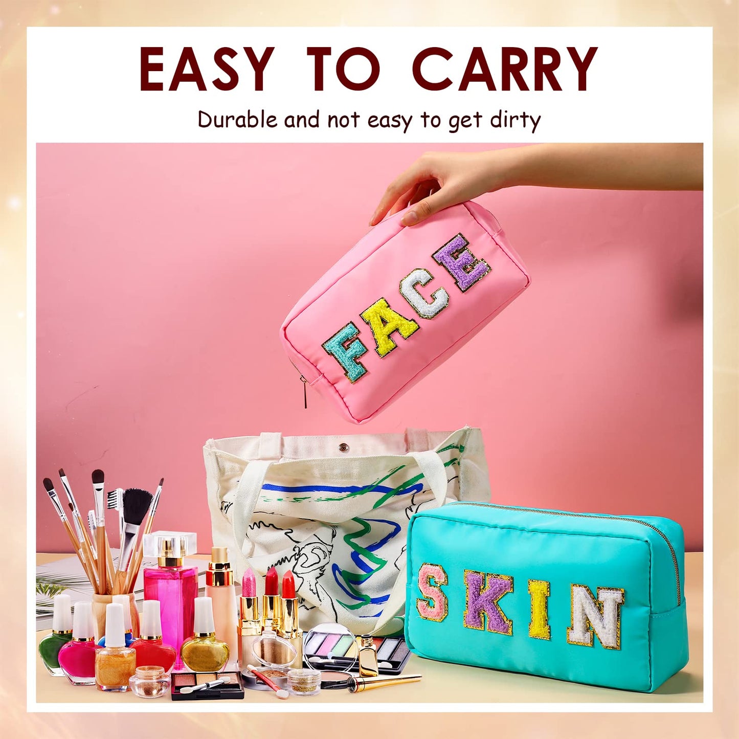 Remerry 4 Pcs Makeup Bag Travel Cosmetic Bag Organization Chenille Letter Toiletries Stuff Pouch Preppy Waterproof Bag Gift for Women Girl Teen (Colorful,Face Skin Hair Stuff)