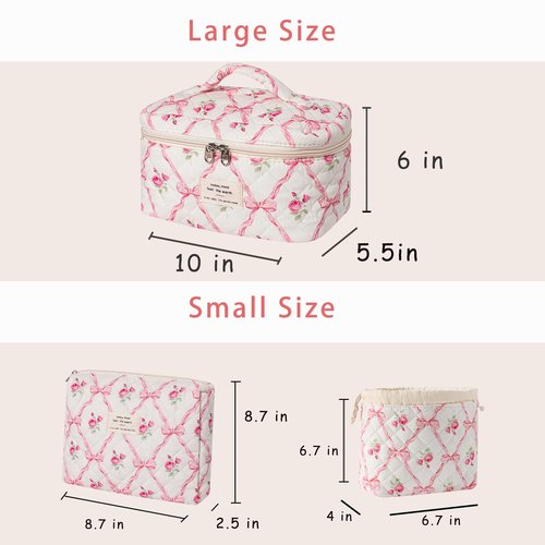 3pcs Large Cotton Quilted Makeup Bag Set,Coquette Aesthetic Cute Travel Toiletry Bag,Drawstring Gift Bag for Women and Girls(3Pcs Pink Bow)