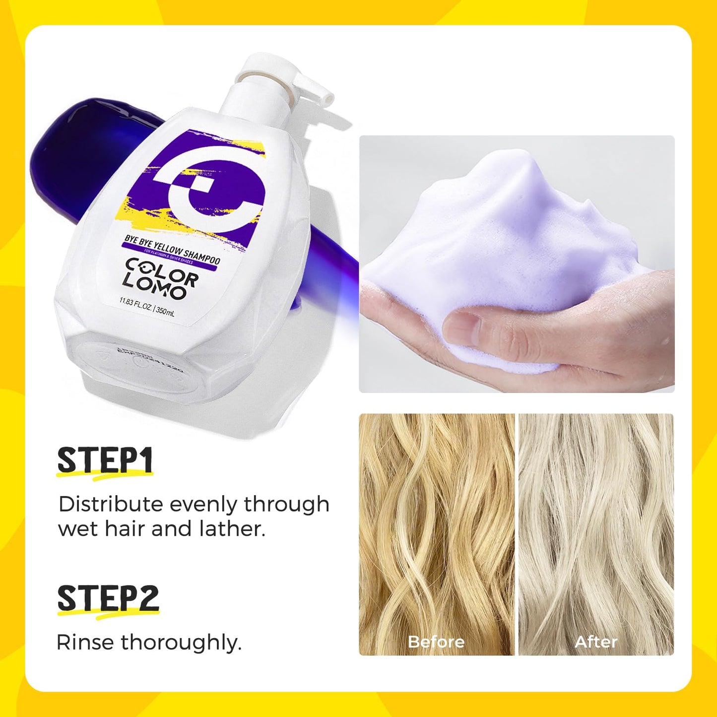 COLORLOMO Bye Bye Yellow Purple Shampoo, Neutralizes Brass & Yellow Tones, Sulfate Free, For Color Treated, Blonde, Bleached, Highlighted Brown or Silver Hair, 11. 83 Fl Oz